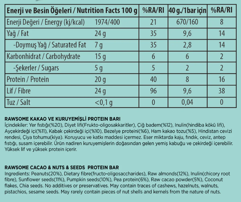 RAWSOME Ketojenik Kakaolu Protein bar %20 Protein 40 gr